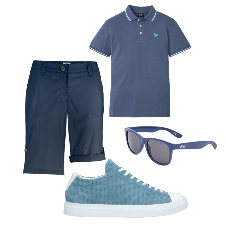 Outfit uomo - Casual #8816. Stile Casual per Tutti i giorni. Abbinamento con bermuda, polo, sneakers, occhiali da sole.