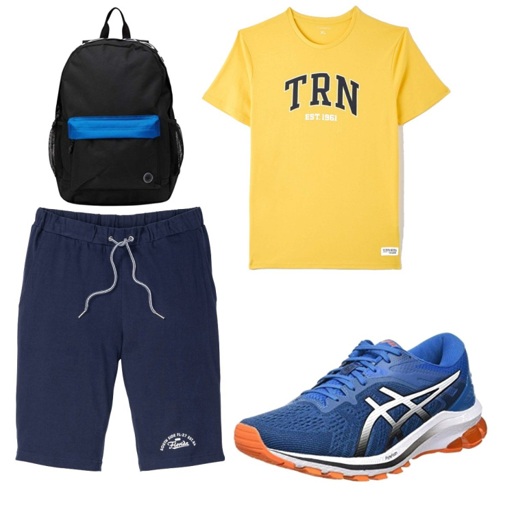 Outfit uomo - Sport. Stile Casual per Sport. Abbinamento con bermuda, t-shirt, scarpe sportive, borse sportive.