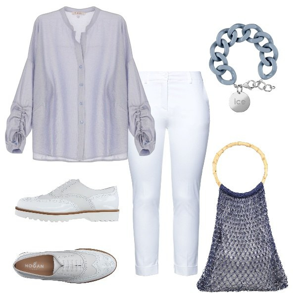 Outfit donna - Blue e white 2. Stile Glamour per Tutti i giorni. Abbinamento con scarpe stringate, borse a mano, pantaloni, camicie, braccialetti.