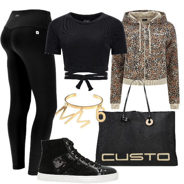 Outfit donna - Total look #1579888. Stile Casual chic per Tutti i giorni. Abbinamento con sneakers, borse a spalla, braccialetti, leggings sportivo, felpe con cappuccio, top.
