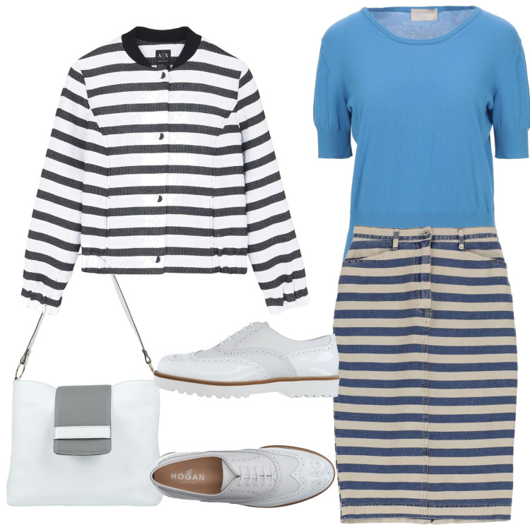 Outfit donna - Righe. Stile Casual per Ufficio. Abbinamento con scarpe stringate, giacche, borse a spalla, pullovers, gonne longuette.