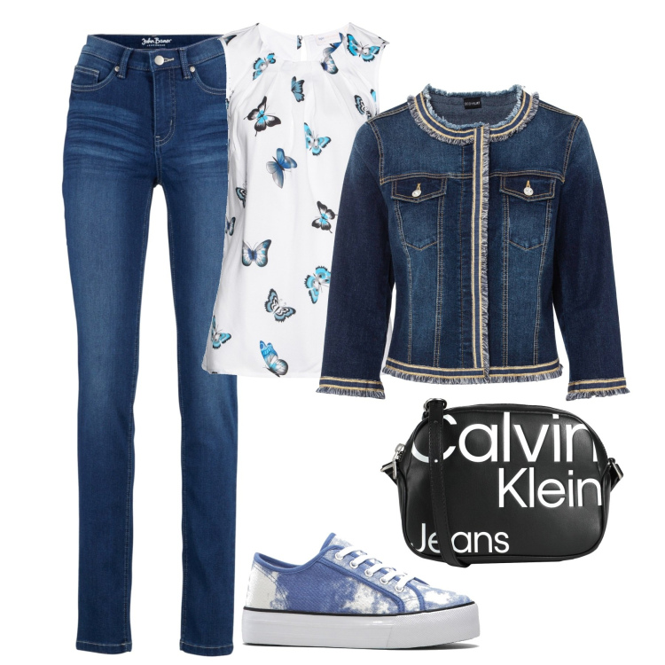 Outfit donna - In città. Stile Casual per Tutti i giorni. Abbinamento con blazer, jeans slim fit, top, sneakers, borse a tracolla.