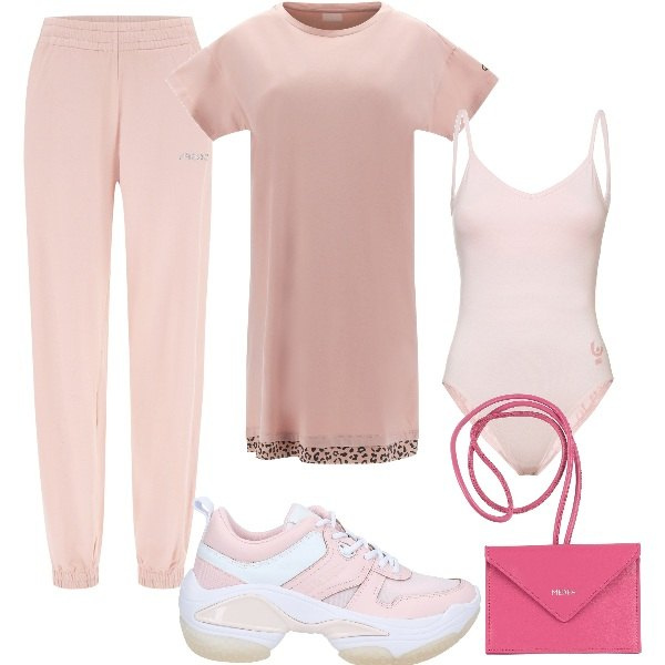 Outfit donna - Freddy - Look sporty chic in saldo. Stile Sporty chic per Tutti i giorni. Abbinamento con sneakers, portamonete, body, pantaloni, vestiti.