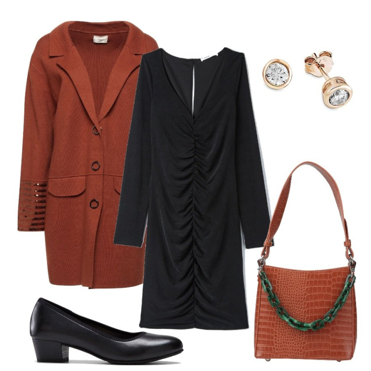 Outfit donna - Sera a cena fuori. Stile Sexy per Serata fuori. Abbinamento con décolleté, cappotti, borse a mano, vestiti, orecchini.