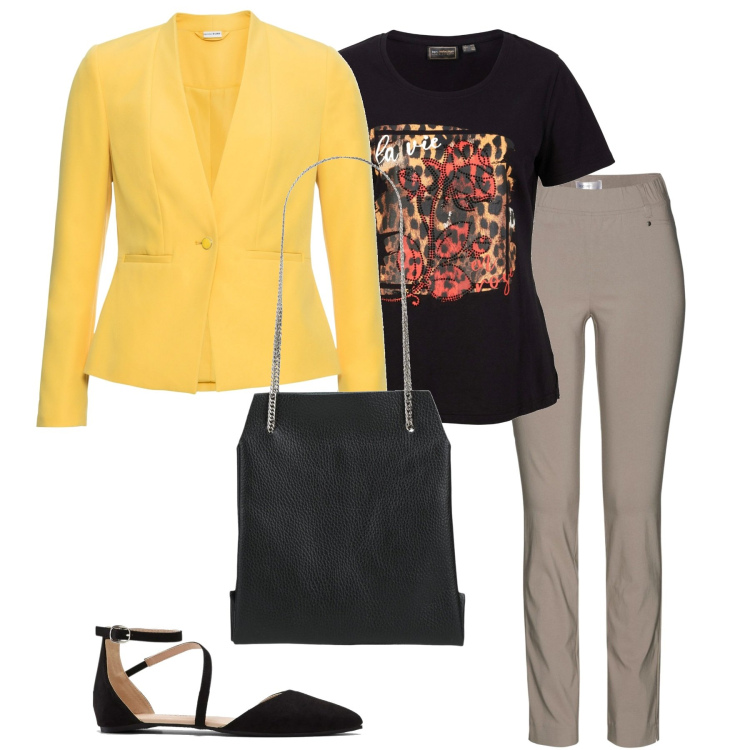 Outfit donna - Un tocco di colore. Stile Casual chic per Serata fuori. Abbinamento con pantaloni, blazer, t-shirt, ballerine, borse a mano.