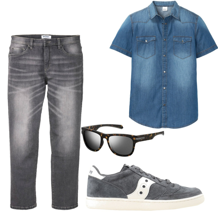 Outfit uomo - Total look #1580075. Stile Casual per Tutti i giorni. Abbinamento con sneakers, camicie a manica corta, jeans dritti, occhiali da sole.