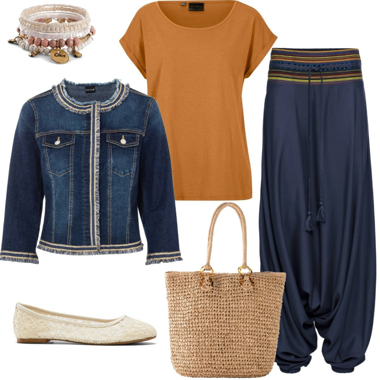 Outfit donna - Look BonPrix. Stile Etnico per Tutti i giorni. Abbinamento con pantaloni, blazer, braccialetti, maglieria, ballerine, shopping bag.
