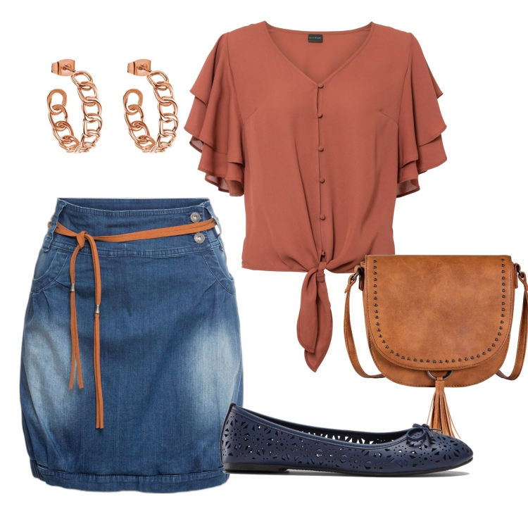 Outfit donna - Leggera. Stile Basic per Tutti i giorni. Abbinamento con minigonne, ballerine, camicie, borse a tracolla, orecchini.