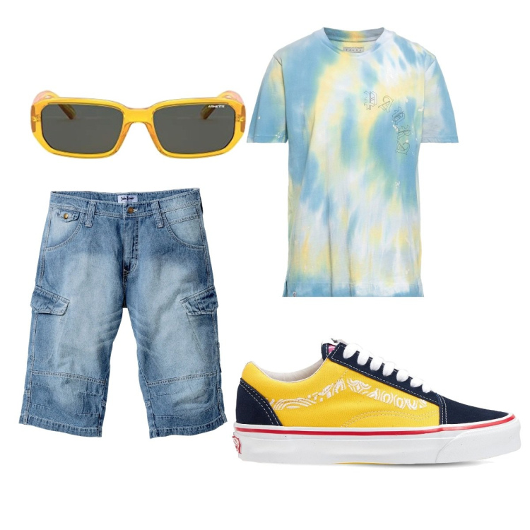 Outfit uomo - Casual #8876. Stile Casual per Tutti i giorni. Abbinamento con bermuda, t-shirt, sneakers, occhiali da sole.