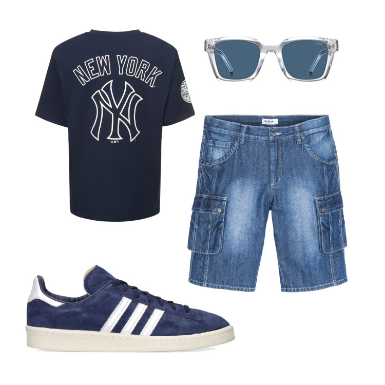 Outfit uomo - Casual #8877. Stile Casual per Tutti i giorni. Abbinamento con bermuda, sneakers, occhiali da sole, t-shirt.