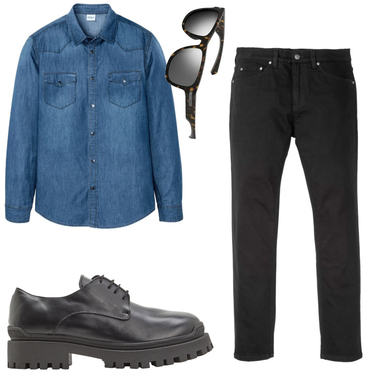 Outfit uomo - La camicia di jeans. Stile Casual per Tutti i giorni. Abbinamento con jeans slim fit, camicie, scarpe stringate, occhiali da sole.