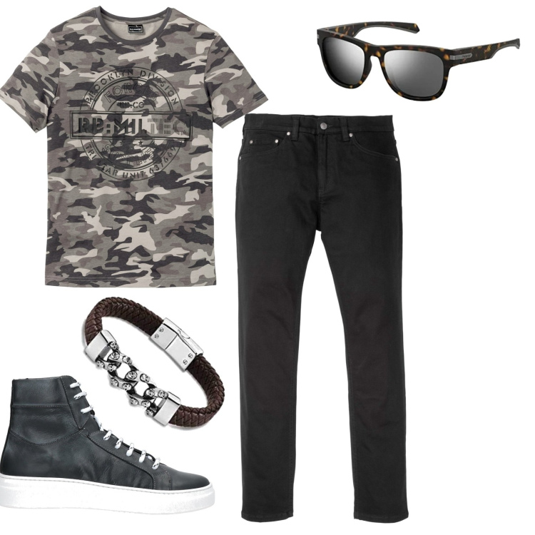 Outfit uomo - Maglietta grigio mimetico. Stile Casual per Tutti i giorni. Abbinamento con jeans slim fit, t-shirt, sneakers, occhiali da sole, braccialetti.