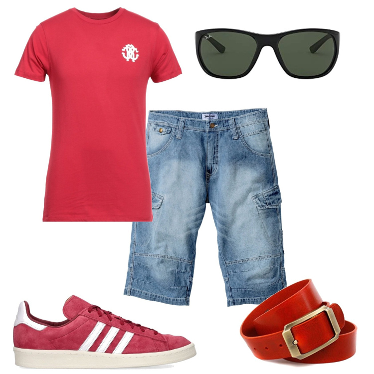 Outfit uomo - Bermuda e maglietta. Stile Urban per Tutti i giorni. Abbinamento con bermuda, t-shirt, cinture, occhiali da sole, sneakers.