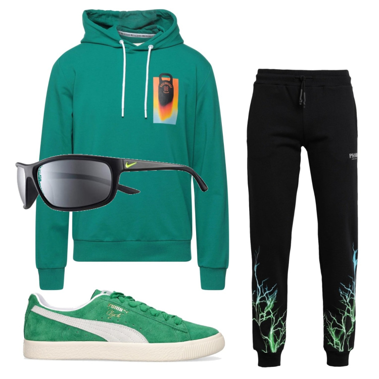 Outfit uomo - Total look #1580241. Stile Urban per Tutti i giorni. Abbinamento con pantaloni, felpe con cappuccio, occhiali da sole, sneakers.
