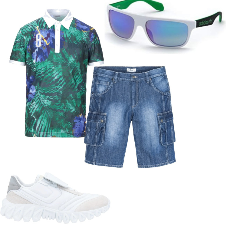 Outfit uomo - Bermuda e polo fantasia. Stile Urban per Tutti i giorni. Abbinamento con bermuda, sneakers, polo, occhiali da sole.