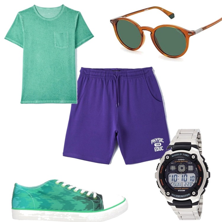 Outfit uomo - In verde e viola. Stile Casual per Tutti i giorni. Abbinamento con sneakers, t-shirt, pantaloni corti, occhiali da sole, orologi.
