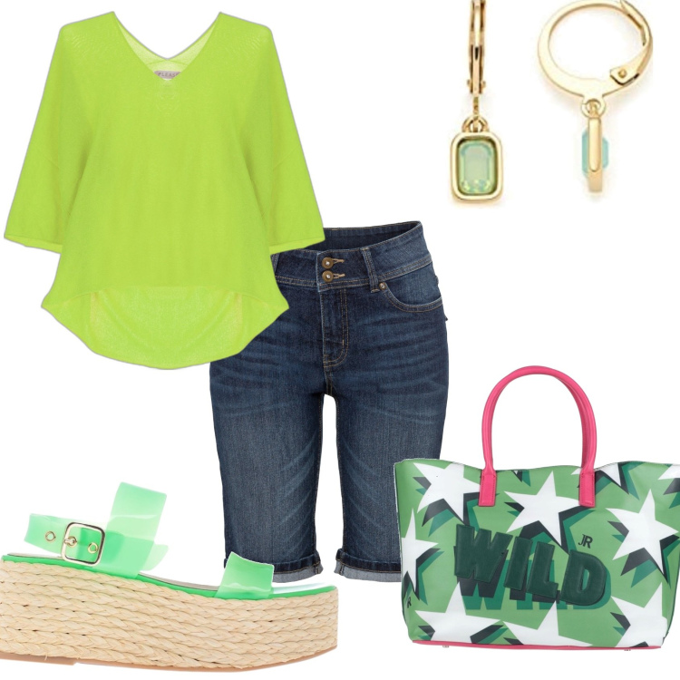 Outfit donna - In bermuda e blusa. Stile Urban per Tutti i giorni. Abbinamento con bermuda, borse a mano, sandali in pelle, maglieria, orecchini.
