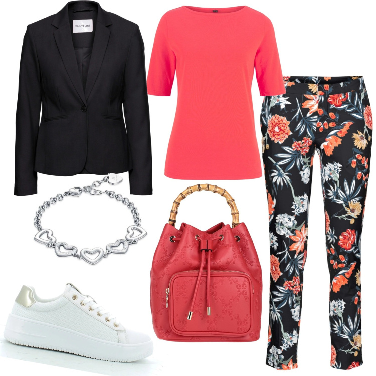 Outfit donna - Bambù. Stile Sporty chic per Ufficio. Abbinamento con pantaloni, blazer, t-shirt sportive, borse a mano, braccialetti, sneakers.