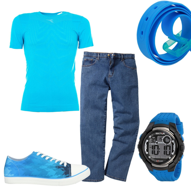 Outfit uomo - Azzurro estivo. Stile Urban per Tutti i giorni. Abbinamento con jeans dritti, sneakers, orologi digitali, t-shirt, cinture.