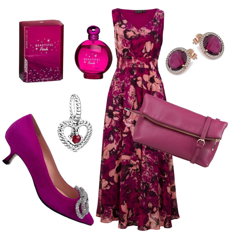 Outfit donna - Color prugna. Stile Romantica per Cerimonia. Abbinamento con vestiti lunghi, borse a tracolla, orecchini, décolleté, profumi, braccialetti.