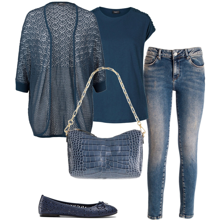 Outfit donna - Traforato blu. Stile Casual chic per Tutti i giorni. Abbinamento con cardigans, t-shirt, ballerine, borse a mano, jeans skinny.