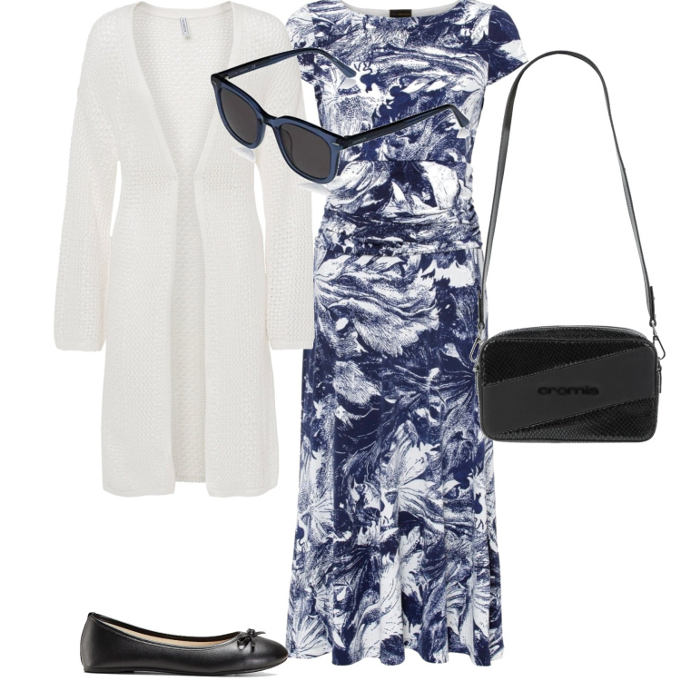 Outfit donna - Curvy in lungo. Stile Chic per Serata fuori. Abbinamento con ballerine, vestiti, cardigans, borse a spalla, occhiali da sole.