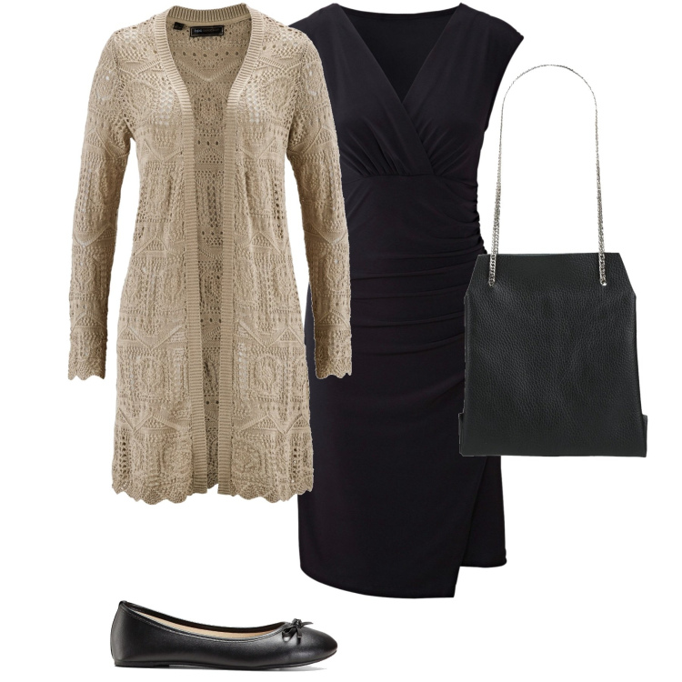 Outfit donna - Tubino e cardigan. Stile Chic per Serata fuori. Abbinamento con cardigans, ballerine, vestiti, borse a mano.