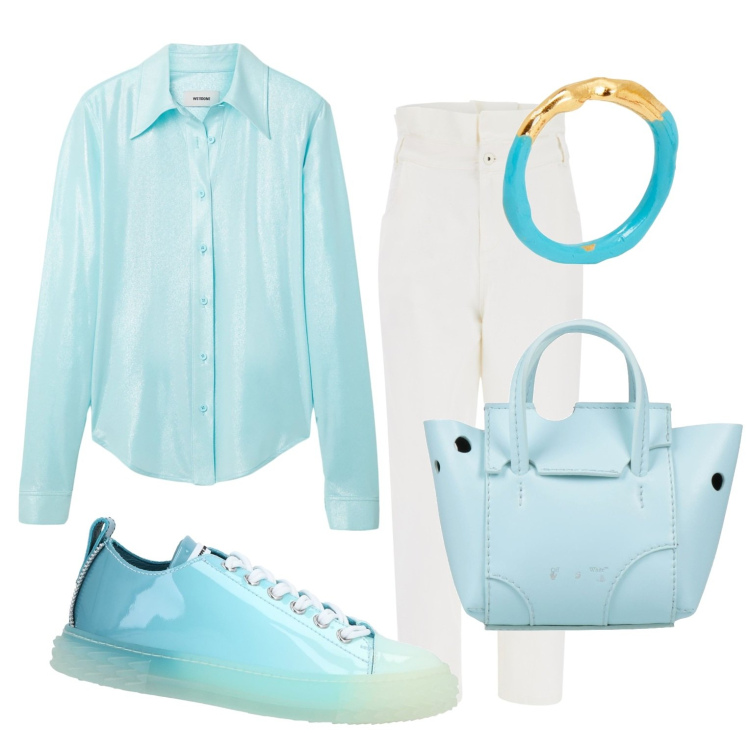 Outfit donna - Verde acqua. Stile Casual chic per Ufficio. Abbinamento con sneakers, camicie, anelli, borse a mano, jeans.