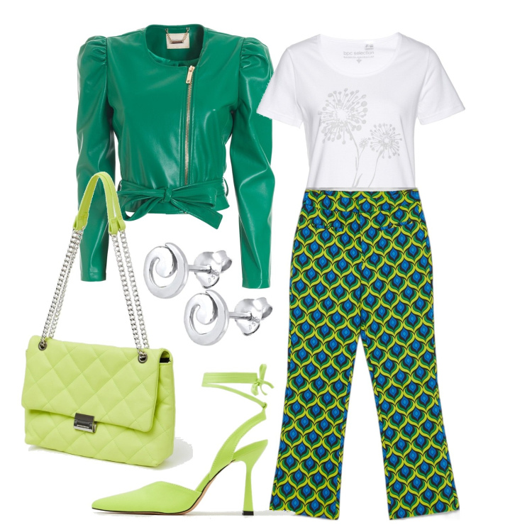 Outfit donna - Ghost outfitter - aprile. Stile Trendy per Tutti i giorni. Abbinamento con t-shirt, cappotti, pantaloni capri, décolleté, borse a spalla, orecchini.