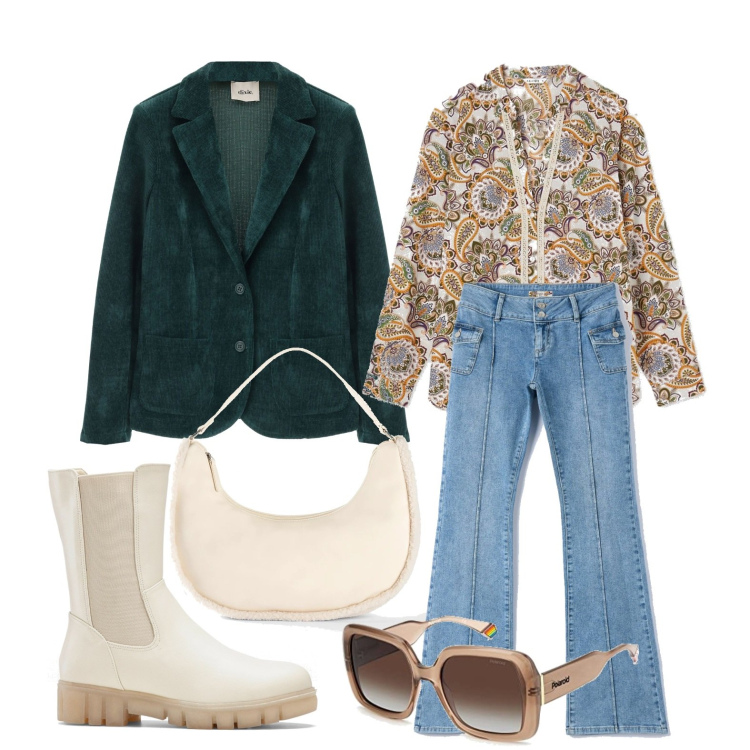 Outfit donna - Ghost outfitter - aprile. Stile Casual per Tutti i giorni. Abbinamento con vestiti, borse a mano, jeans a zampa, giacche, camicie, occhiali da sole.