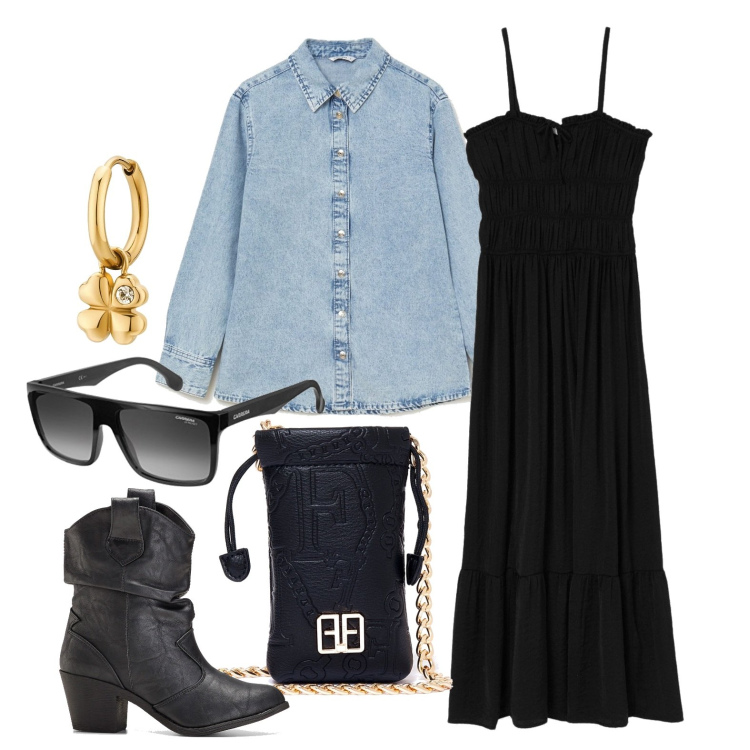 Outfit donna - Ghost outfitter - aprile. Stile Trendy per Tutti i giorni. Abbinamento con stivaletti texani, borse a mano, orecchini, vestiti lunghi, camicie, occhiali da sole.