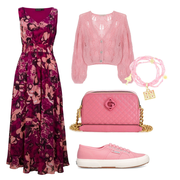 Outfit donna - Abito floreale Curvy e non. Stile Bon Ton per Tutti i giorni. Abbinamento con vestiti lunghi, cardigans, braccialetti, clutch, sneakers.