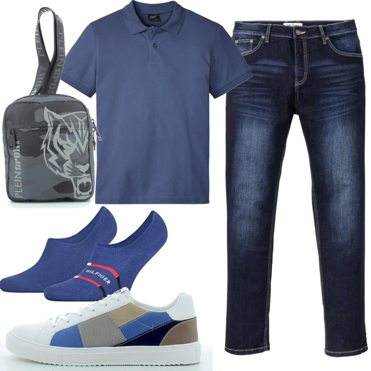 Outfit uomo - Passeggiata nel tempo libero. Stile Casual per Tutti i giorni. Abbinamento con jeans, polo, sneakers, borse sportive, calzini.