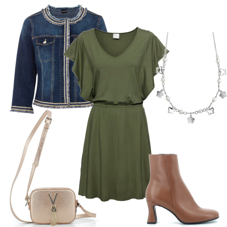 Outfit donna - L’abito con maniche a ruches. Stile Casual chic per Ufficio. Abbinamento con blazer, vestiti, collane, stivaletti, borse a tracolla.