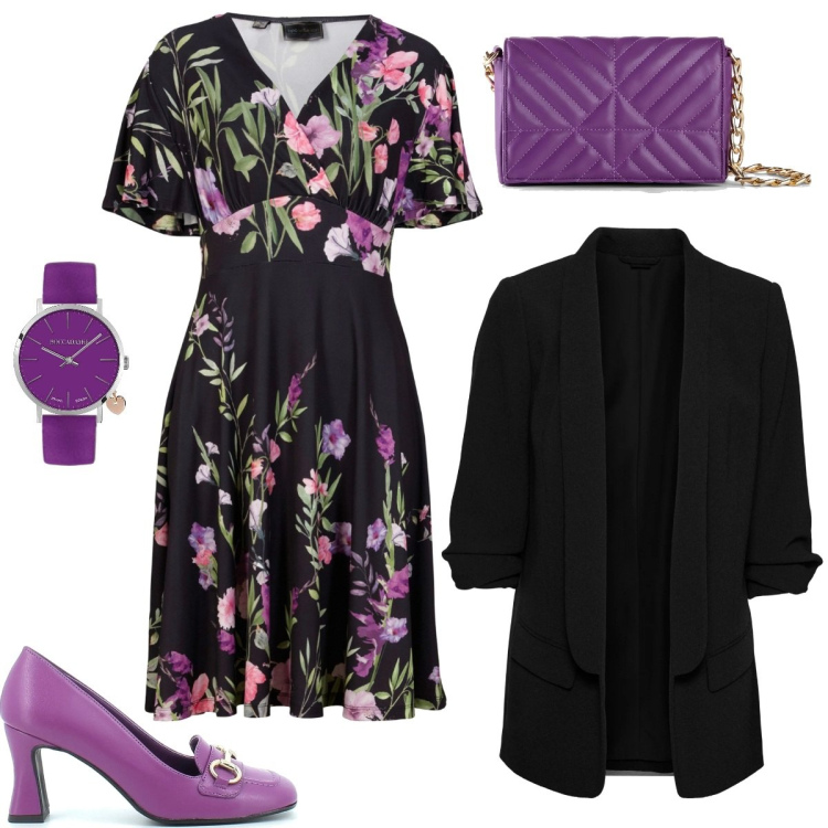 Outfit donna - Vestito primaverile accessori viola. Stile Basic per Cerimonia. Abbinamento con blazer, vestiti, borse a mano, orologi, sandali.