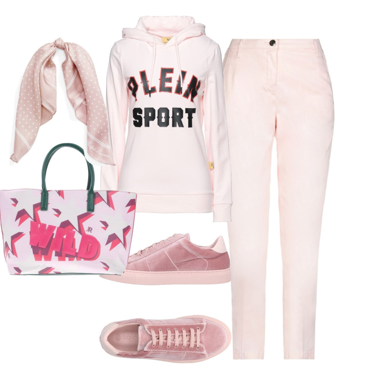 Outfit donna - In città. Stile Sporty chic per Tutti i giorni. Abbinamento con felpe con cappuccio, sneakers, pantaloni, borse a mano, foulard.