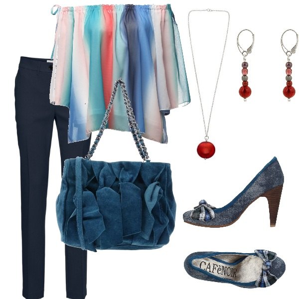 Outfit donna - Basic #14668. Stile Basic per Serata fuori. Abbinamento con pantaloni, zeppe, borsa a mano effetto scamosciato con zip interno foderato tinta unita, blusa con spalle scoperte, orecchini pendenti in con murano rosso, bracciale con ciondolo in con murano con catenina rosso e argento.