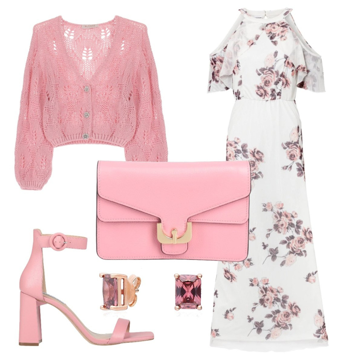 Outfit donna - L’abito dai fiori delicati. Stile Romantica per Cerimonia. Abbinamento con vestiti lunghi, sandali col tacco, borse a mano, cardigans, orecchini.