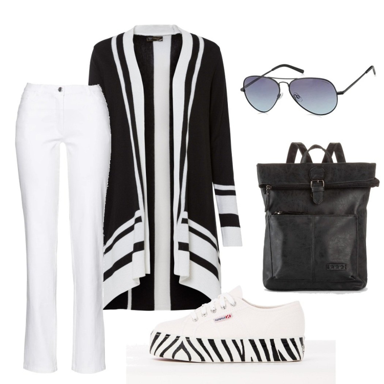 Outfit donna - Bianconero. Stile Basic per Tutti i giorni. Abbinamento con pantaloni, zaini, cardigans, sneakers, occhiali da sole.