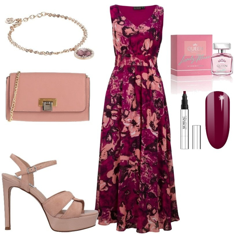 Outfit donna - Raffinato abito lungo con gonna ampia. Stile Romantica per Tutti i giorni. Abbinamento con vestiti lunghi, sandali col tacco, borse a tracolla, braccialetti, smalti, profumi.