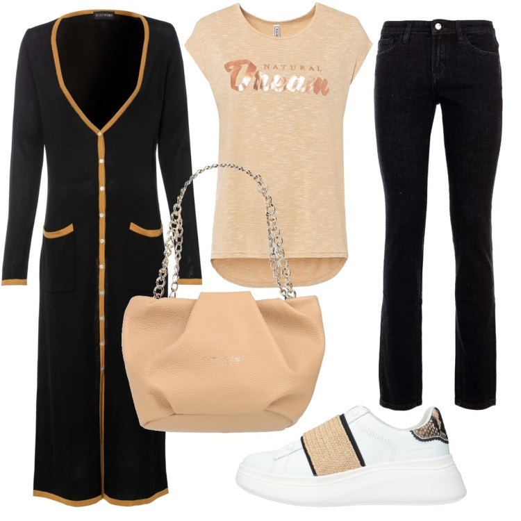 Outfit donna - Il cardigan lungo. Stile Casual chic per Tutti i giorni. Abbinamento con maglieria, cardigans, sneakers, borse a mano, jeans.