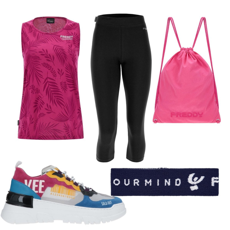 Outfit donna - Freddy: saldi trendy. Stile Trendy per Sport. Abbinamento con sneakers, braccialetti, leggings, canottiere, zaini.