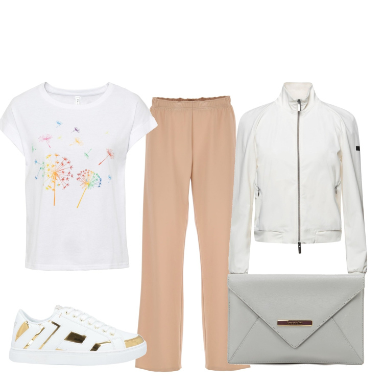 Outfit donna - Total look #1581062. Stile Basic per Tutti i giorni. Abbinamento con t-shirt, sneakers, giacche, pantaloni a palazzo, pochette.