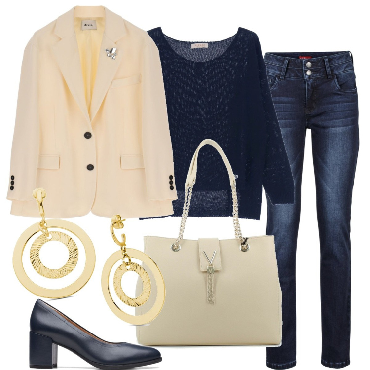 Outfit donna - Giacca a primavera. Stile Mannish per Ufficio. Abbinamento con jeans, maglieria, orecchini, décolleté, shopping bag, giacche.