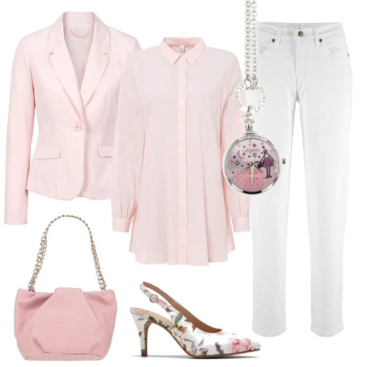 Outfit donna - Curvy in primavera, la giacca rosa. Stile Casual chic per Ufficio. Abbinamento con jeans mom, camicie, blazer, décolleté, borse a mano, orologi.