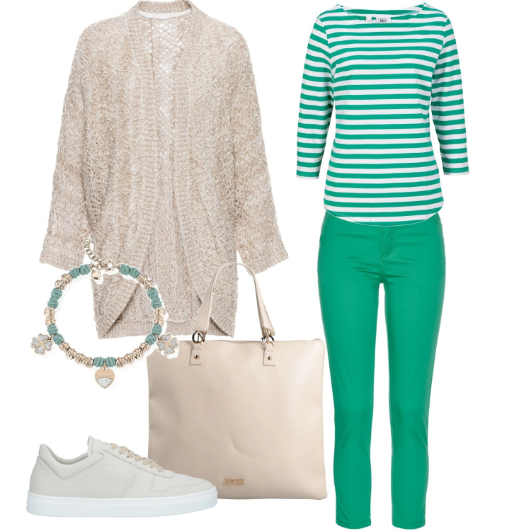 Outfit donna - Verde a righe. Stile Minimal per Tutti i giorni. Abbinamento con borse a mano, sneakers, maglieria, cardigans, pantaloni, braccialetti.