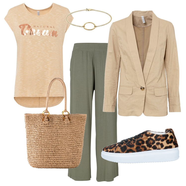 Outfit donna - La giacca beige per la primavera. Stile Boho per Tutti i giorni. Abbinamento con pantaloni, maglieria, blazer, shopping bag, sneakers, braccialetti.