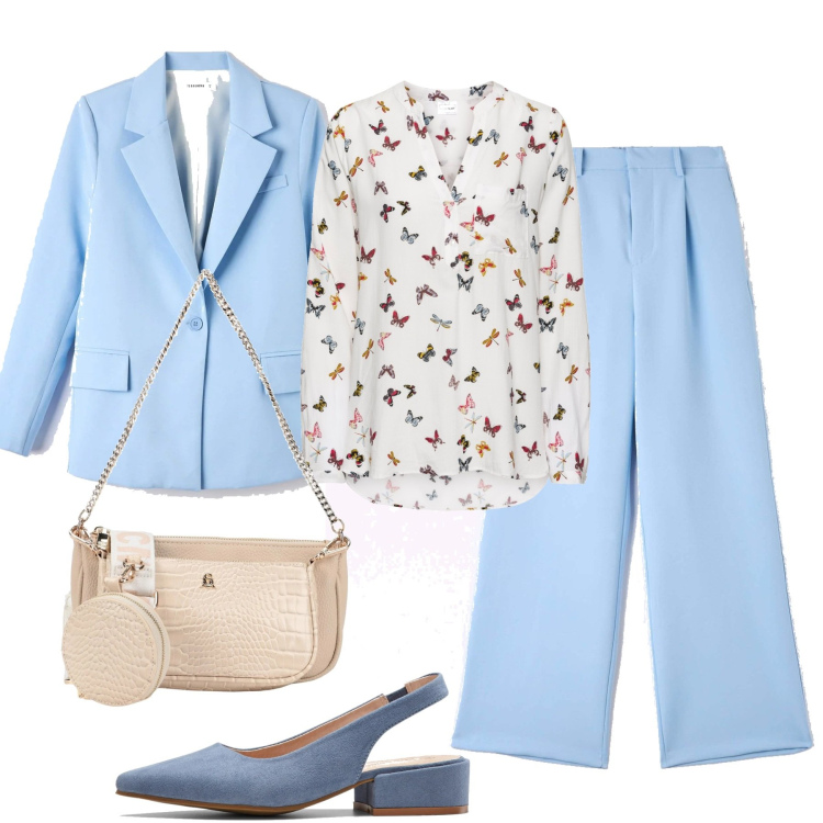 Outfit donna - In città. Stile Casual chic per Ufficio. Abbinamento con décolleté, bluse, borse a mano, pantaloni, giacche.