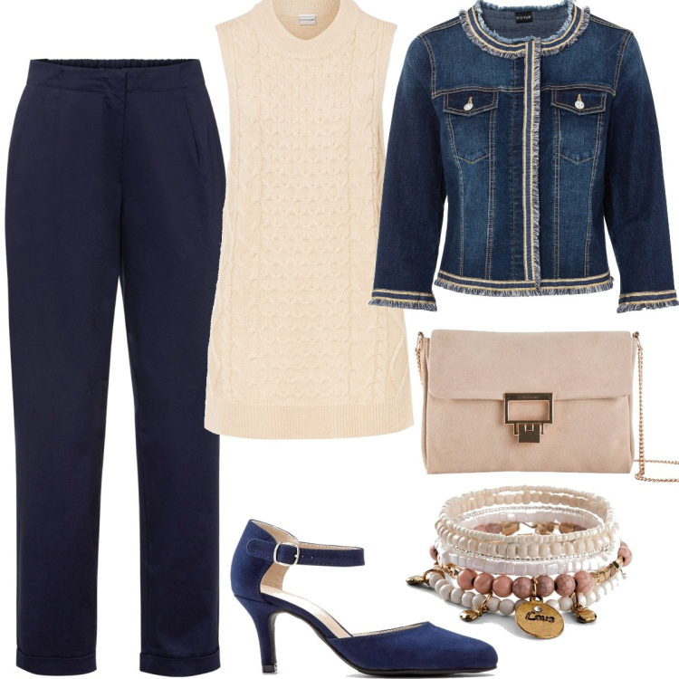 Outfit donna - BonPrix - Spring édition. Stile Casual chic per Tutti i giorni. Abbinamento con blazer, décolleté, braccialetti, maglieria, pantaloni, pochette.