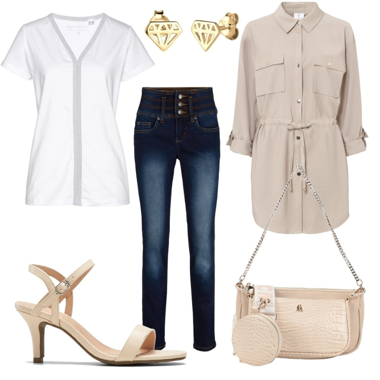 Outfit donna - La camicia beige. Stile Trendy per Serata fuori. Abbinamento con borse a mano, jeans, t-shirt, giacche, sandali col tacco, orecchini.